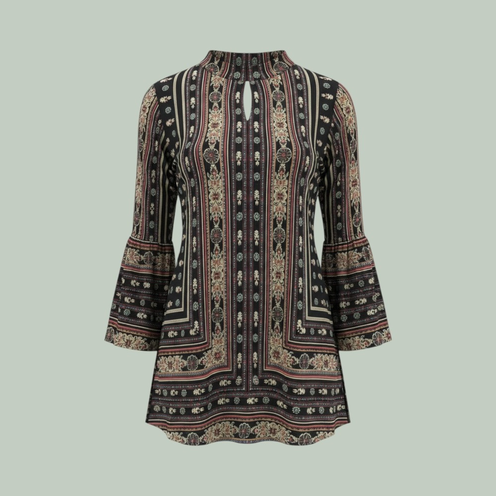 Angie Mini Dress M Black Boho Print Bell Sleeve Festival Hippie Gypsy Retro